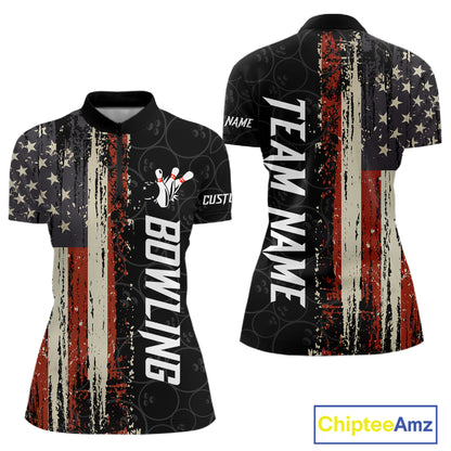 Vintage American flag bowling quarter zip shirt for women designed for league tournaments and team events.