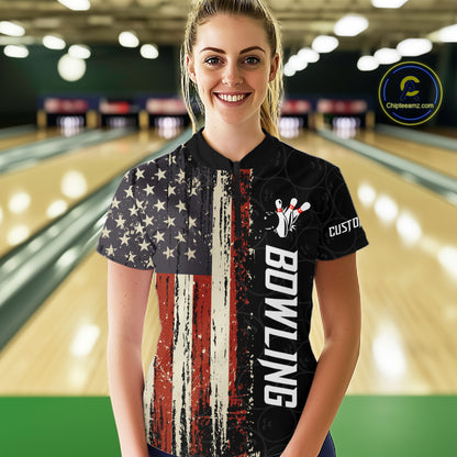 Woman wearing a vintage American flag bowling polo shirt at a bowling alley front view.