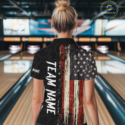 Back view of woman wearing a vintage American flag bowling polo shirt inside a bowling alley.
