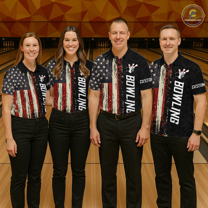 Bowling team wearing matching vintage American flag bowling jerseys during league matches front view.