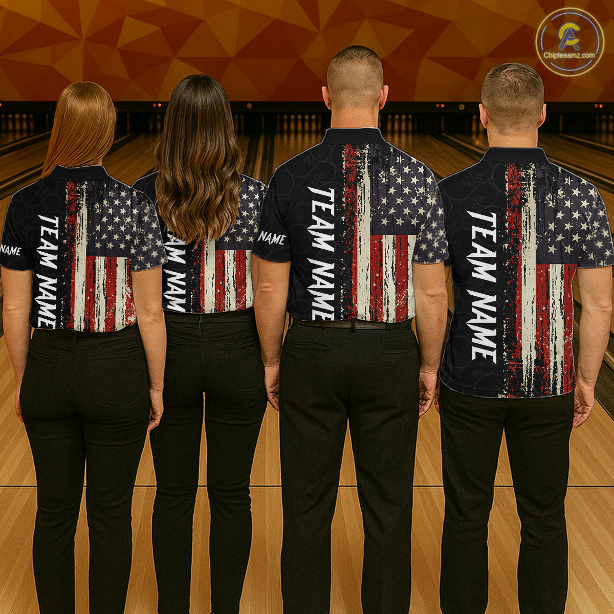 Back view of bowling team wearing matching patriotic bowling shirts in a bowling alley.