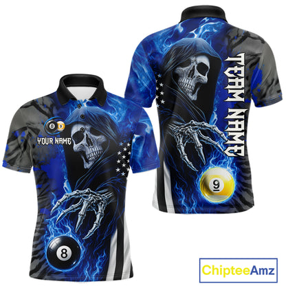 Personalized Blue Flame Grim Reaper US Flag 8 Ball 9 Ball Billiard Polo Shirt Design for Custom Pool Team Players