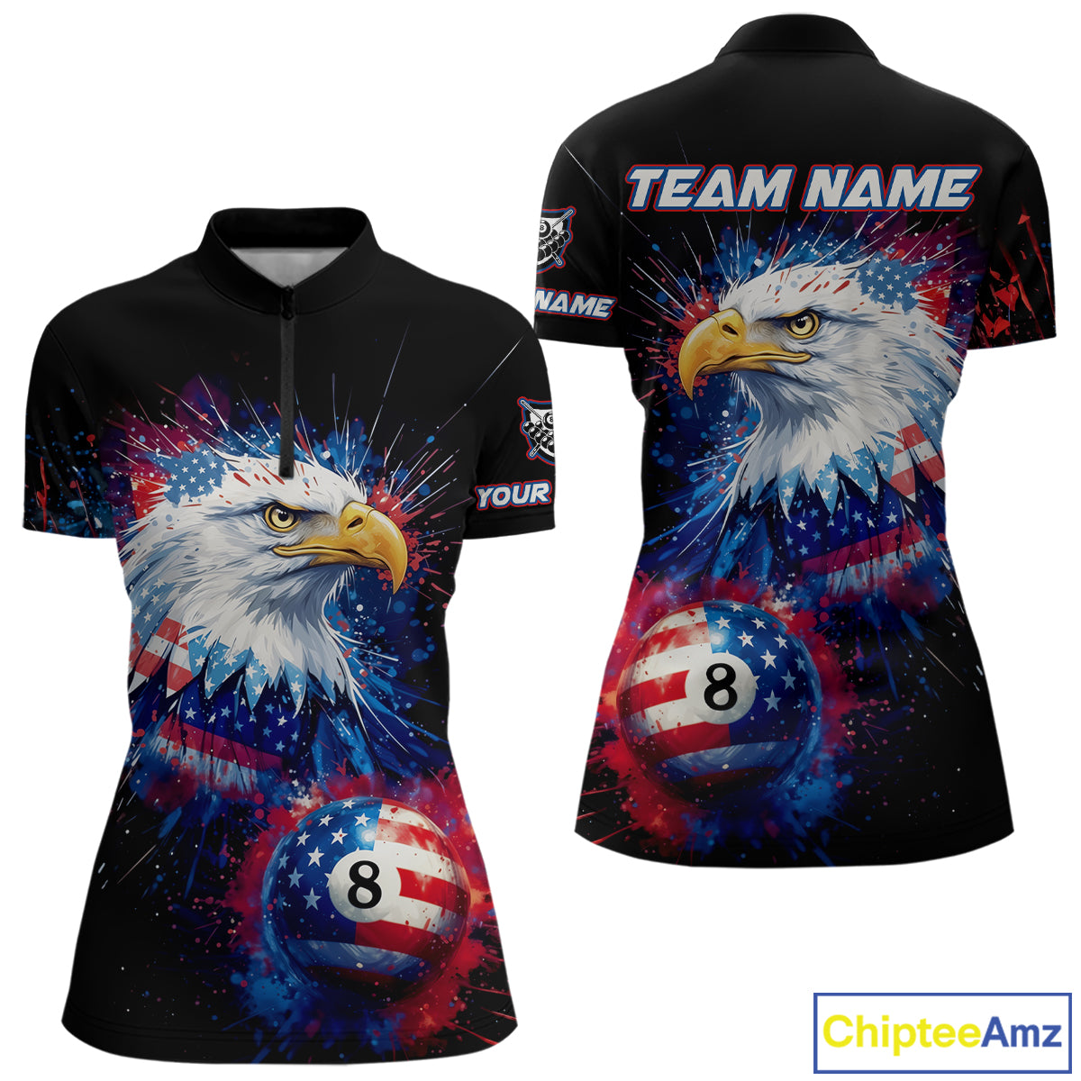 Patriotic Eagle 8 Ball Billiard Polo & 1/4 Zip For Women Custom Paint Splash Us Flag Billiard Jersey TDM5235