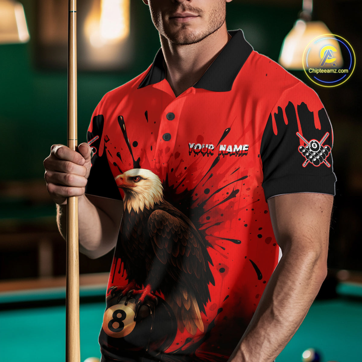 Red 8 Ball Pool Eagle Paint Splash Billiard Shirt For Men Custom Billiard Jersey Polo & 1/4 Zip TDM5492