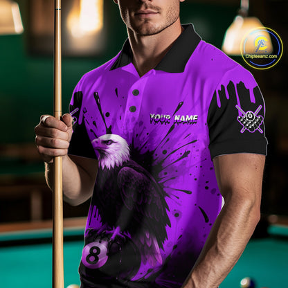 Purple 8 Ball Pool Eagle Paint Splash Billiard Shirt For Men Custom Billiard Jersey Polo & 1/4 Zip TDM5493