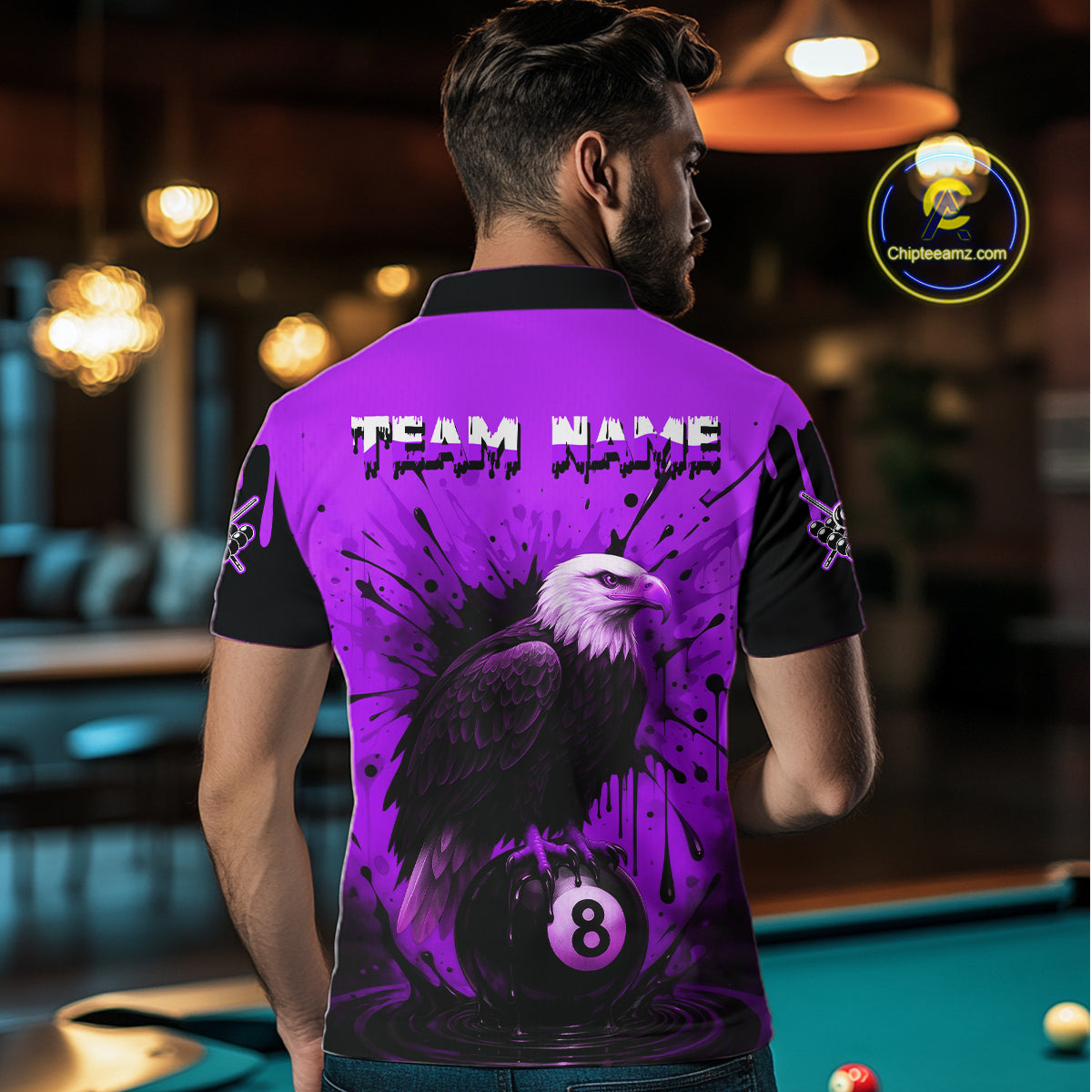 Purple 8 Ball Pool Eagle Paint Splash Billiard Shirt For Men Custom Billiard Jersey Polo & 1/4 Zip TDM5493