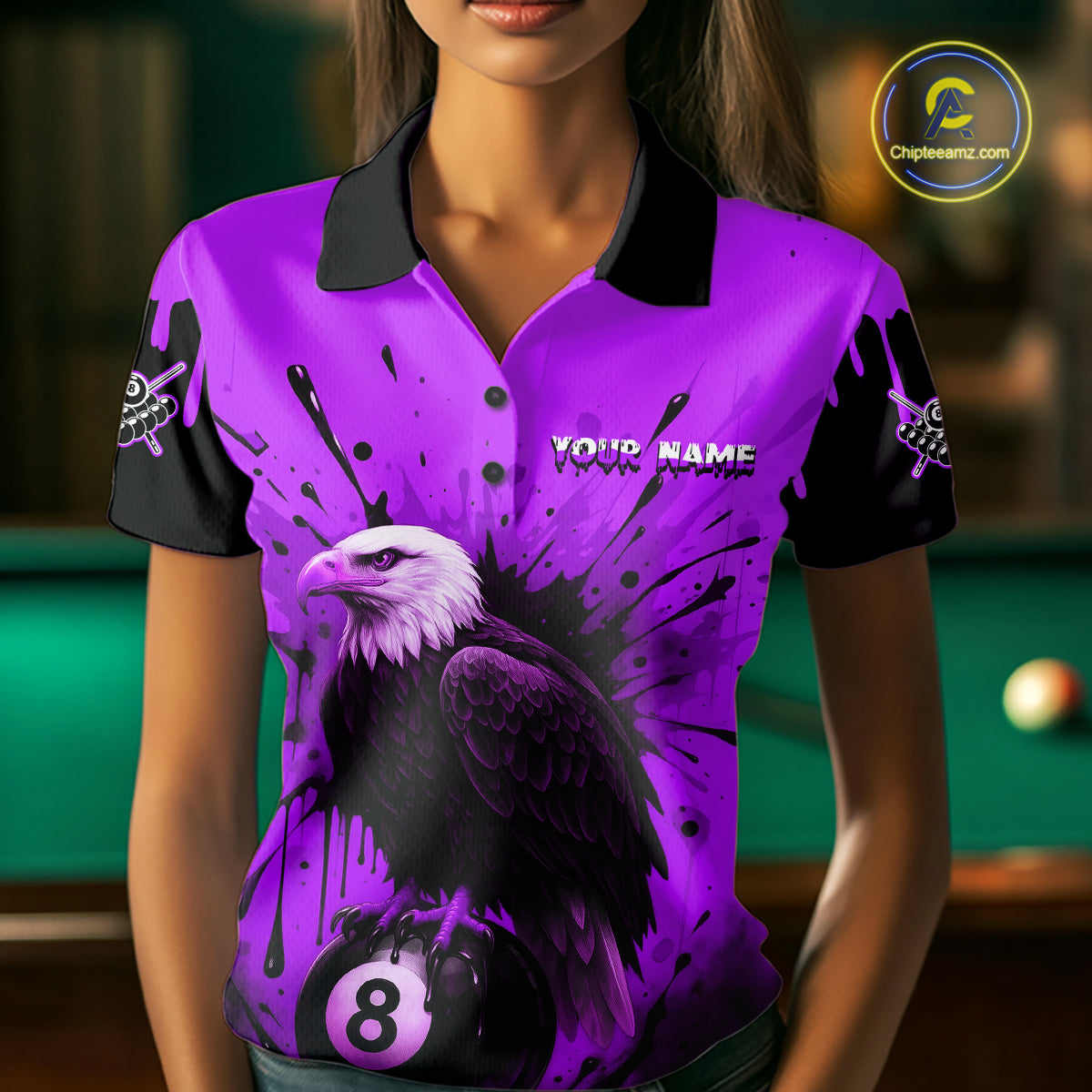 Purple 8 Ball Pool Eagle Paint Splash Billiard Shirt For Women Custom Billiard Jersey Polo & 1/4 Zip TDM5493