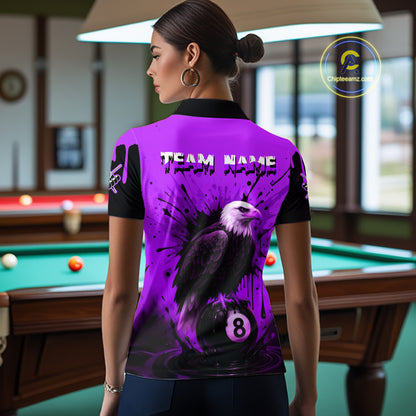 Purple 8 Ball Pool Eagle Paint Splash Billiard Shirt For Women Custom Billiard Jersey Polo & 1/4 Zip TDM5493