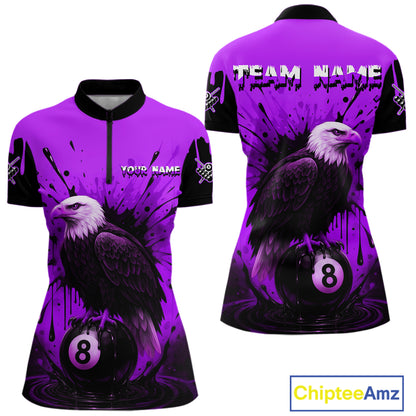 Purple 8 Ball Pool Eagle Paint Splash Billiard Shirt For Women Custom Billiard Jersey Polo & 1/4 Zip TDM5493