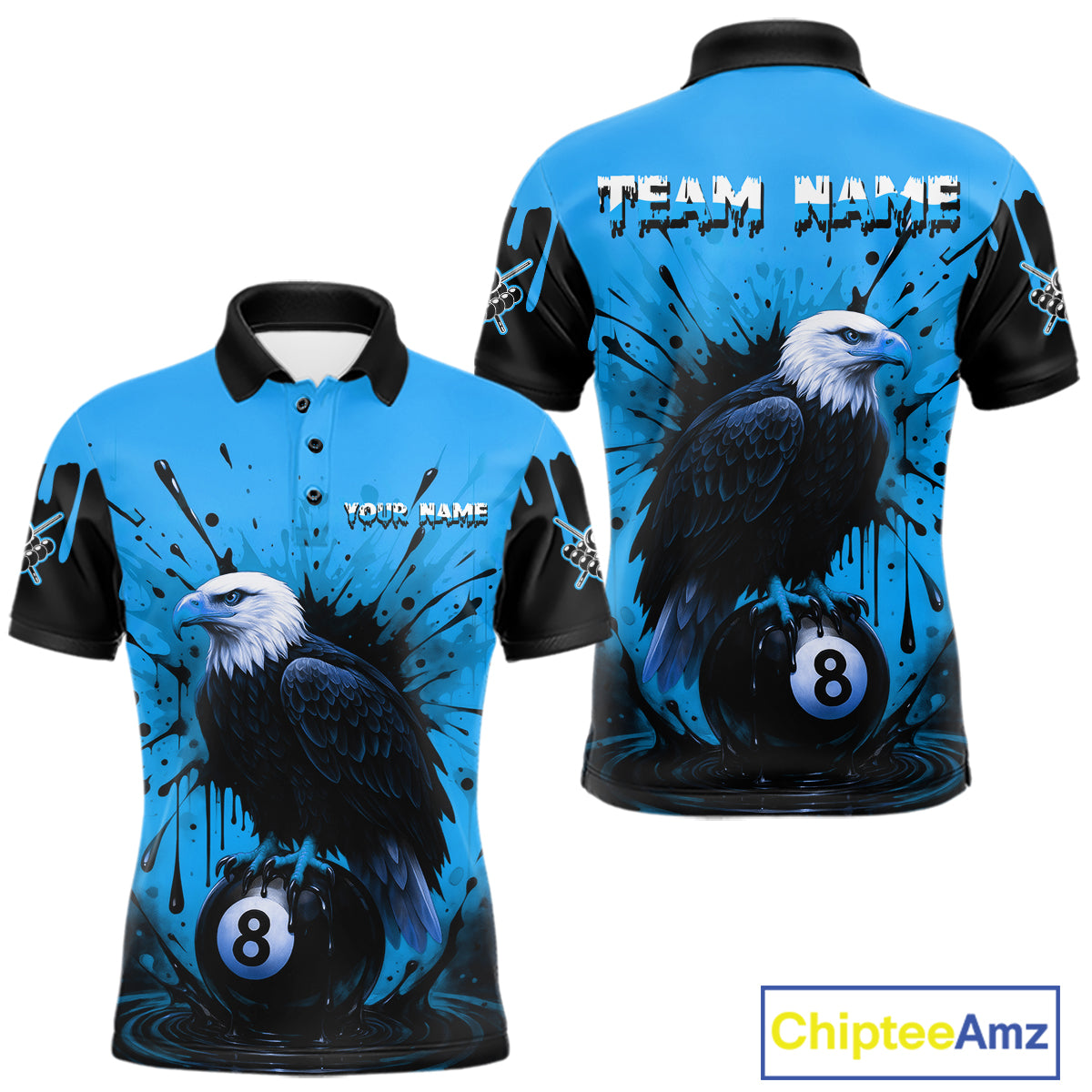 Blue 8 Ball Pool Eagle Paint Splash Billiard Shirt For Men Custom Billiard Jersey Polo & 1/4 Zip TDM5494
