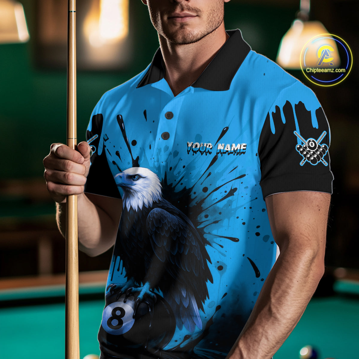 Blue 8 Ball Pool Eagle Paint Splash Billiard Shirt For Men Custom Billiard Jersey Polo & 1/4 Zip TDM5494