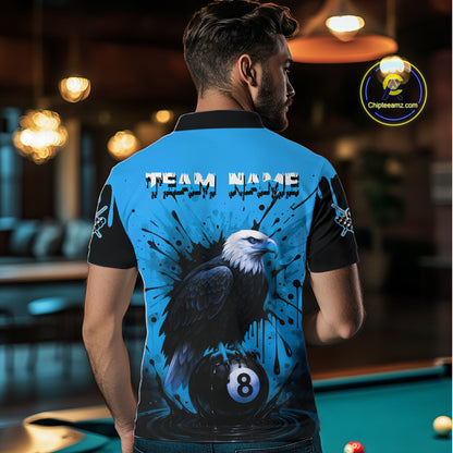 Blue 8 Ball Pool Eagle Paint Splash Billiard Shirt For Men Custom Billiard Jersey Polo & 1/4 Zip TDM5494
