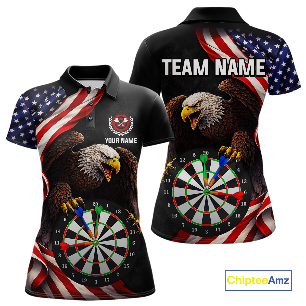 Personalized Eagle American Flag Darts Shirt For Women, Patriotic Darts Team Jersey Polo & 1/4 Zip TDM6114