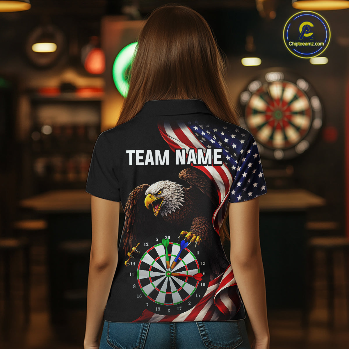 Personalized Eagle American Flag Darts Shirt For Women, Patriotic Darts Team Jersey Polo & 1/4 Zip TDM6114