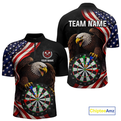 Personalized Eagle American Flag Darts Shirt For Men, Patriotic Darts Team Jersey Polo & 1/4 Zip TDM6114