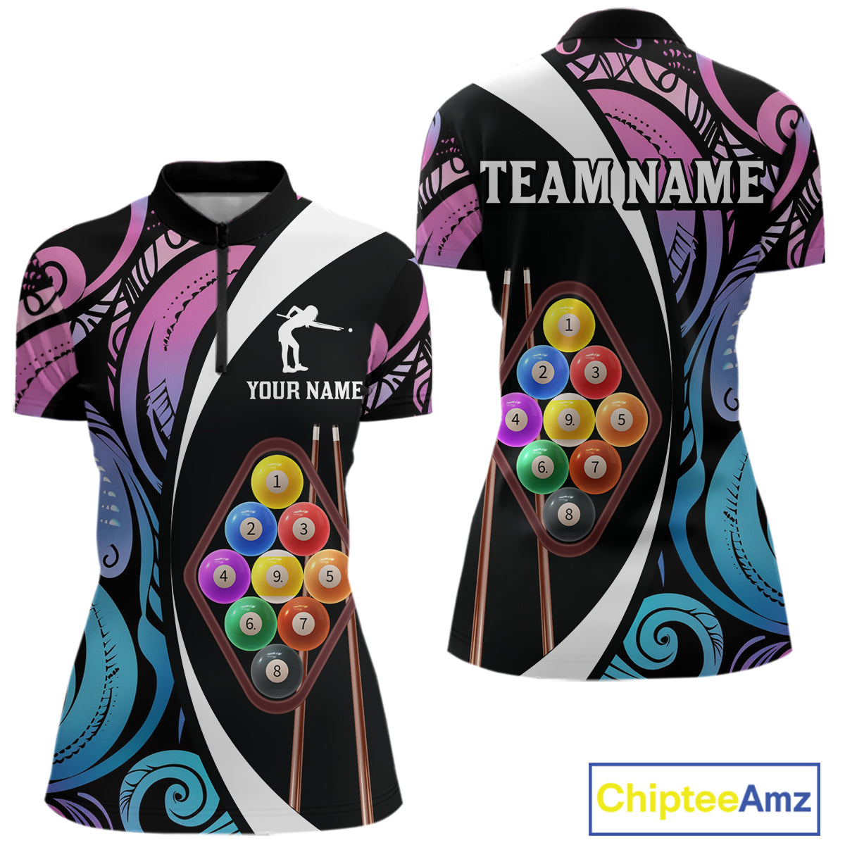 Personalized Tribal 9 Ball Billiard Shirt For Women Custom 9 Ball Pool Team Jersey Polo & 1/4 Zip TDM6128