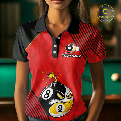 Woman Wearing Personalized Red Funny 8 Ball 9 Ball Pool Bomb Billiard Polo Shirt with Premium Athletic Fit and Vibrant Graphic Artwork, Front View