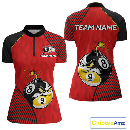 Personalized Red Funny 8 Ball 9 Ball Pool Bomb Quarter Zip Billiard Shirt Created for Pool League Teams with Custom Performance Jersey Design