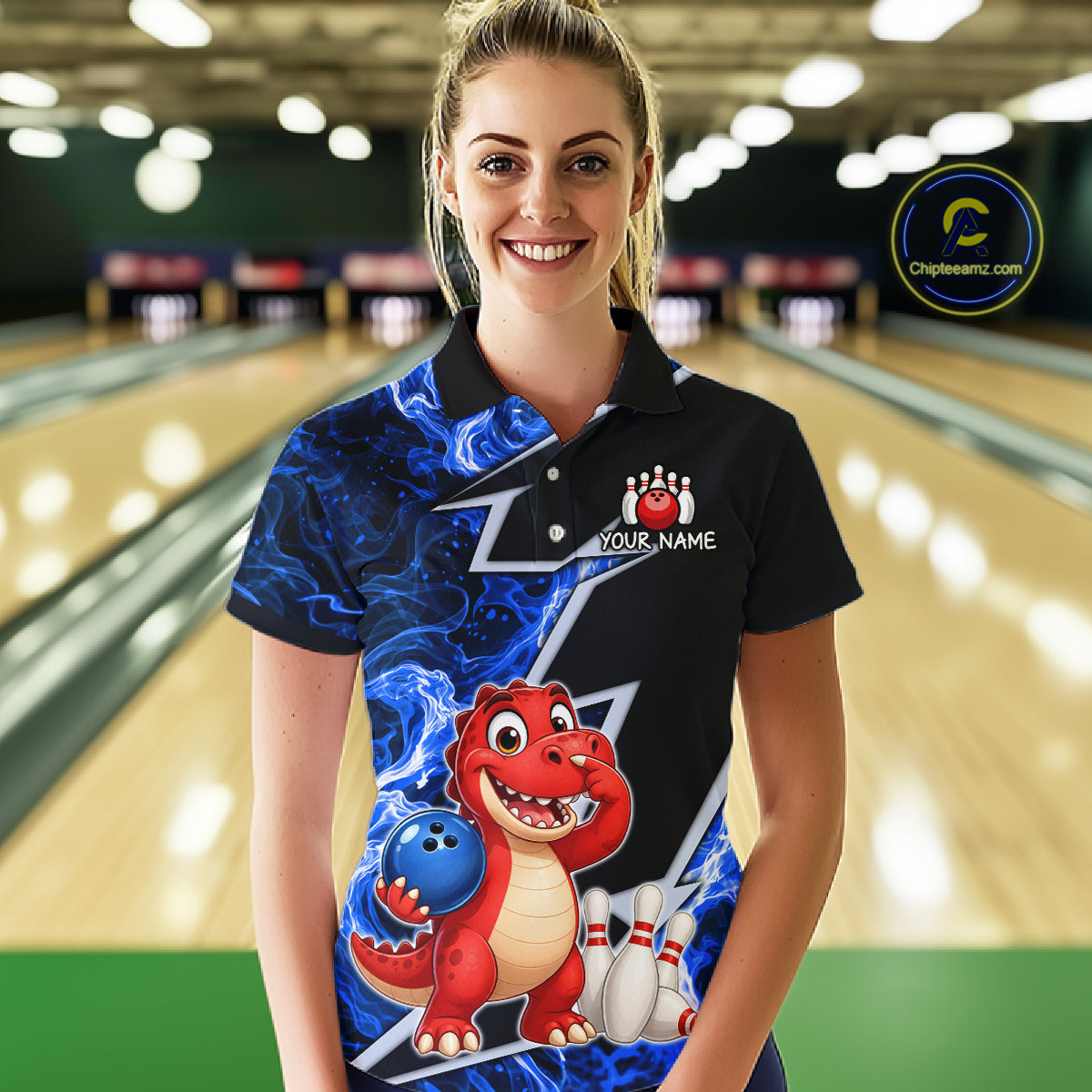 Funny Dinosaur Bowling Jersey For Women Custom Black And Blue Flame Bowling Shirt Polo & 1/4 Zip TDM6367