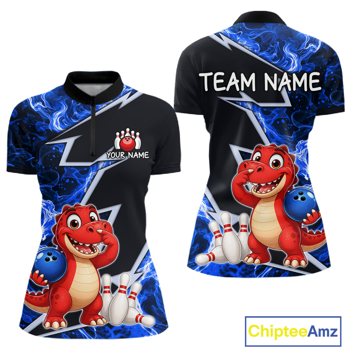 Funny Dinosaur Bowling Jersey For Women Custom Black And Blue Flame Bowling Shirt Polo & 1/4 Zip TDM6367