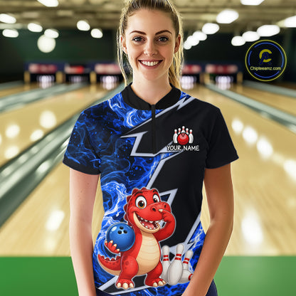 Funny Dinosaur Bowling Jersey For Women Custom Black And Blue Flame Bowling Shirt Polo & 1/4 Zip TDM6367