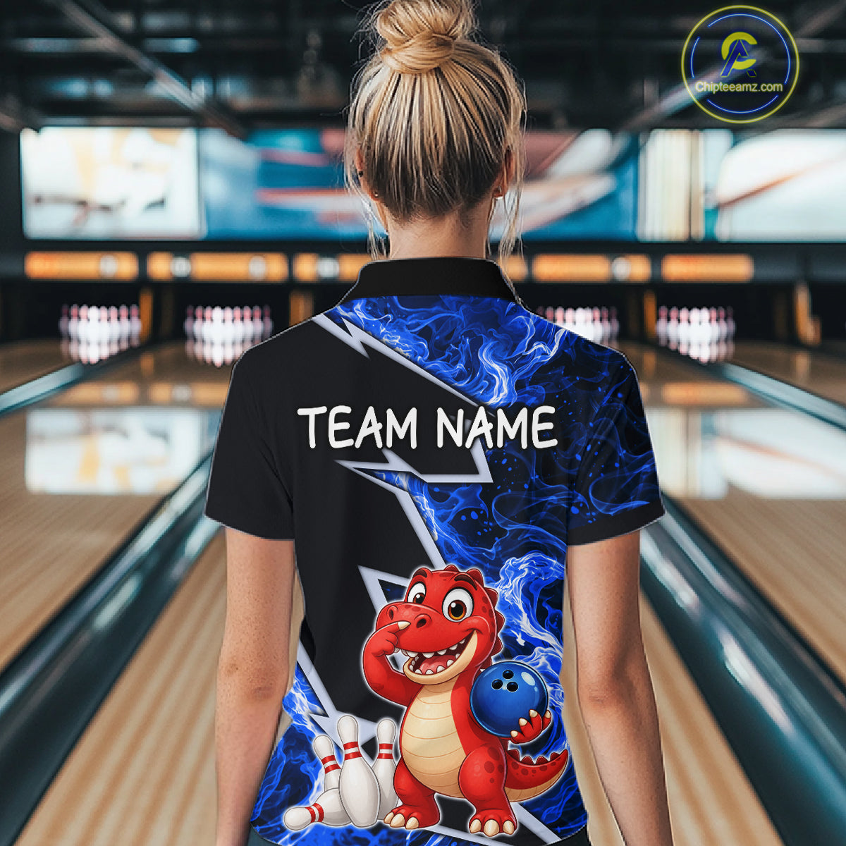 Funny Dinosaur Bowling Jersey For Women Custom Black And Blue Flame Bowling Shirt Polo & 1/4 Zip TDM6367