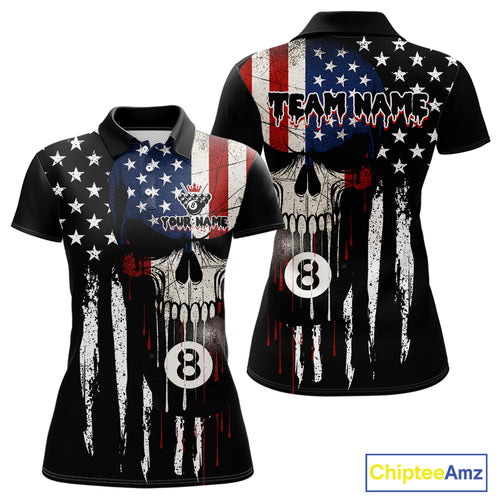 Grunge American Flag Skull 8 Ball Billiard Shirt For Women Custom Patriotic Pool Team Jersey TDM5042