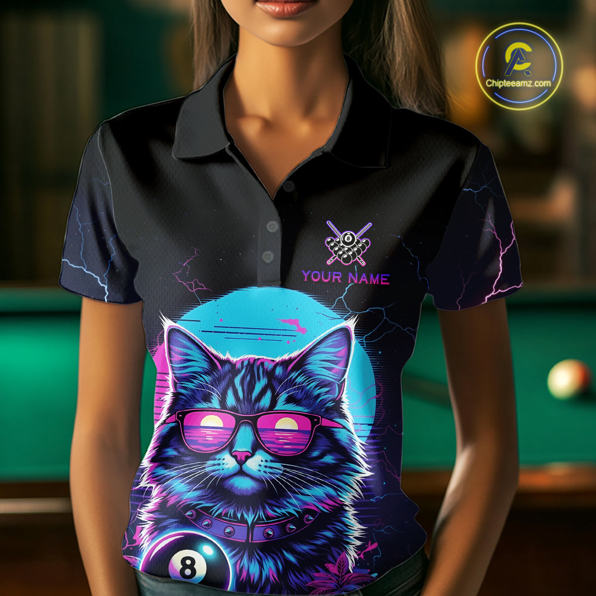 Funny Cat Neon 8 Ball Billiard Shirt For Women Custom Pool Team Shirt, Billiard Jersey Polo & 1/4 Zip TDM5512