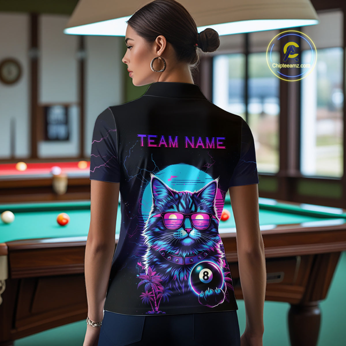 Funny Cat Neon 8 Ball Billiard Shirt For Women Custom Pool Team Shirt, Billiard Jersey Polo & 1/4 Zip TDM5512