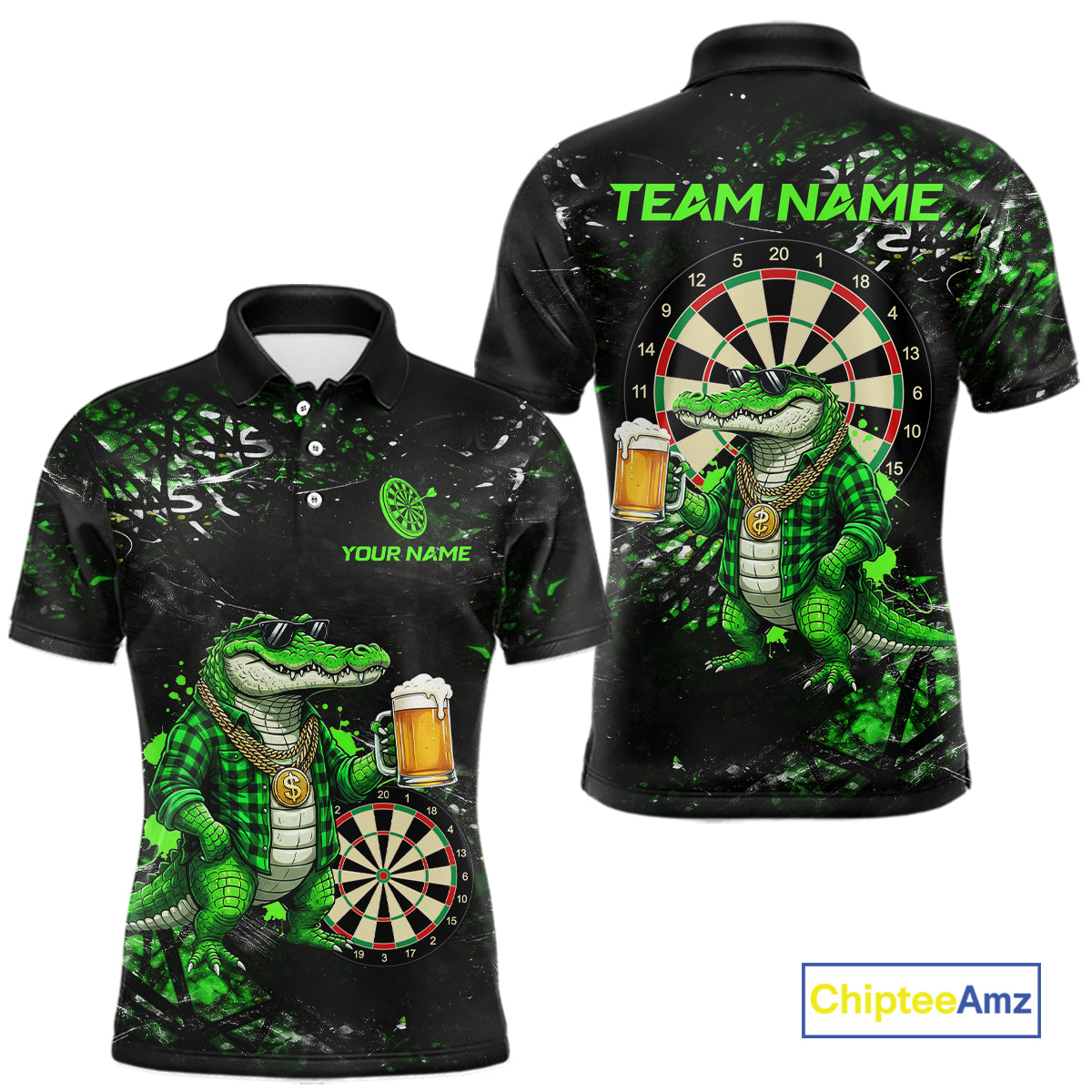 Green Grunge Funny Alligator Darts Shirt For Men Custom Darts Jersey Polo & 1/4 Zip, Darts Gifts TDM6373