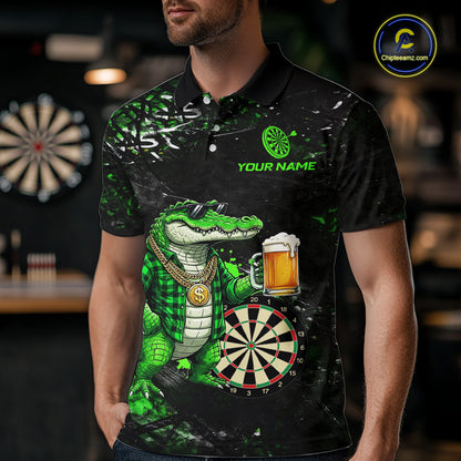 Green Grunge Funny Alligator Darts Shirt For Men Custom Darts Jersey Polo & 1/4 Zip, Darts Gifts TDM6373