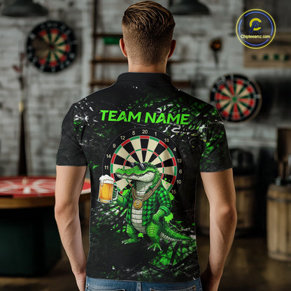 Green Grunge Funny Alligator Darts Shirt For Men Custom Darts Jersey Polo & 1/4 Zip, Darts Gifts TDM6373