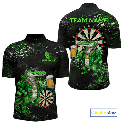 Green Grunge Funny Alligator Darts Shirt For Men Custom Darts Jersey Polo & 1/4 Zip, Darts Gifts TDM6373