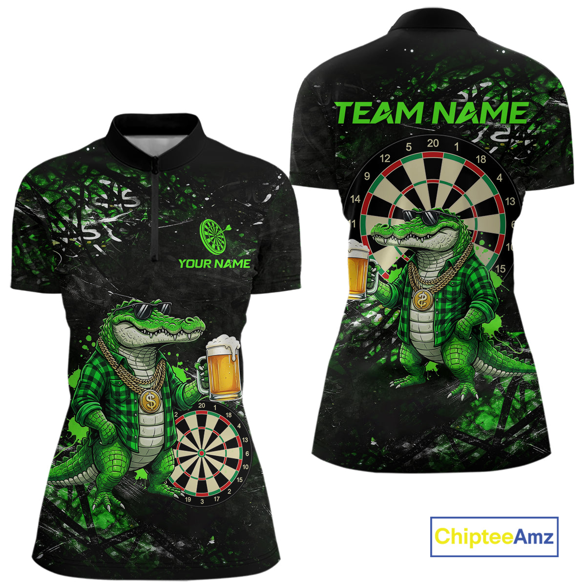 Green Grunge Funny Alligator Darts Shirt For Women Custom Darts Jersey Polo & 1/4 Zip, Darts Gifts TDM6373