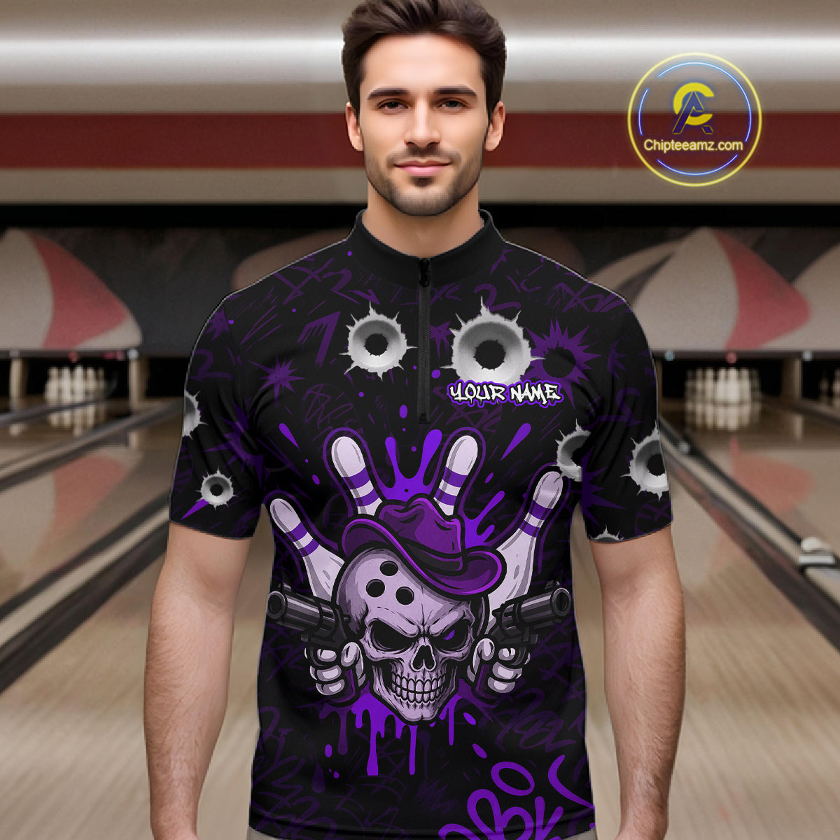Man wearing black and purple funny cowboy skull bowling team jersey quarter zip shirt featuring cowboy skull artwork, front view.