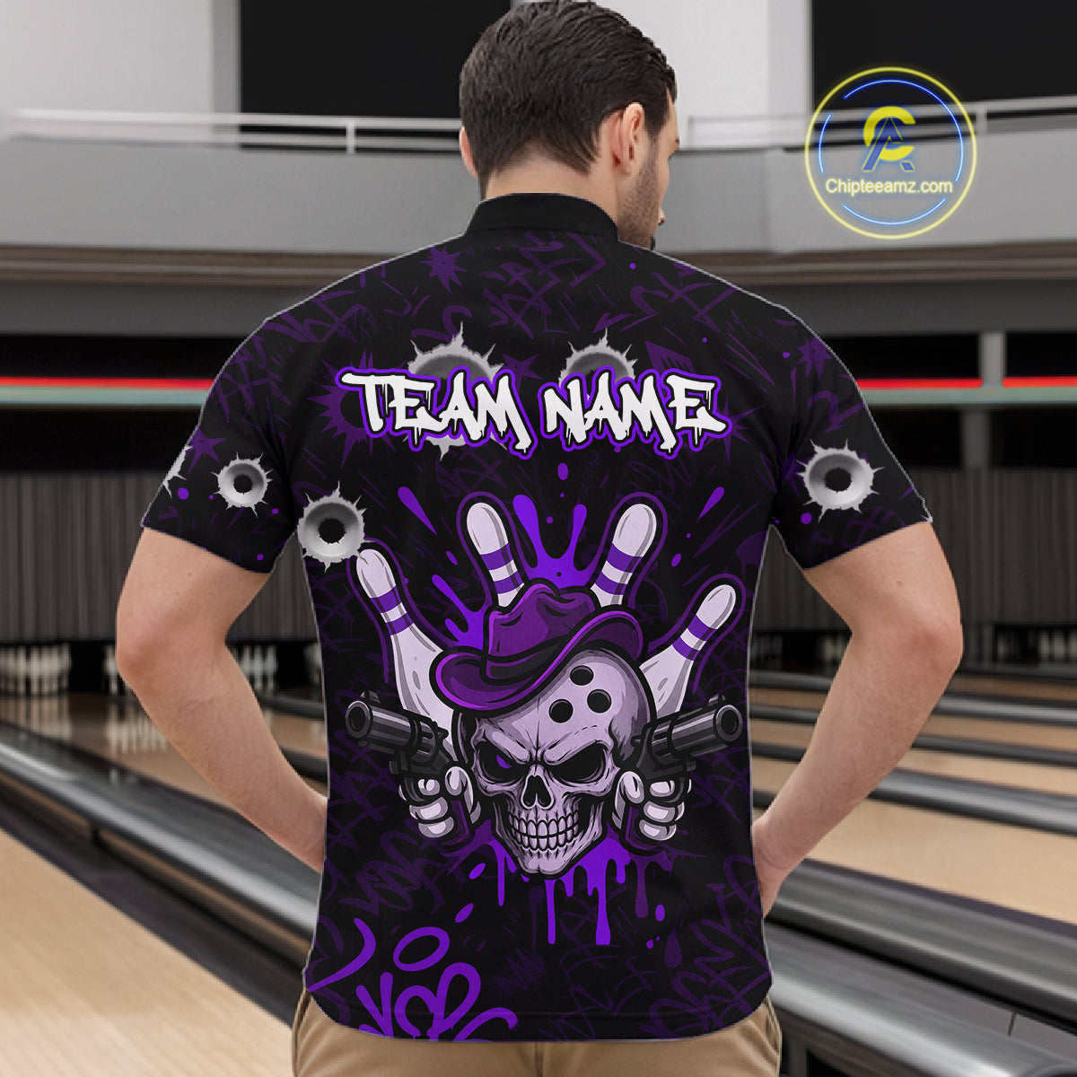 Man wearing black and purple funny cowboy skull bowling team jersey quarter zip shirt featuring cowboy skull artwork, back view.