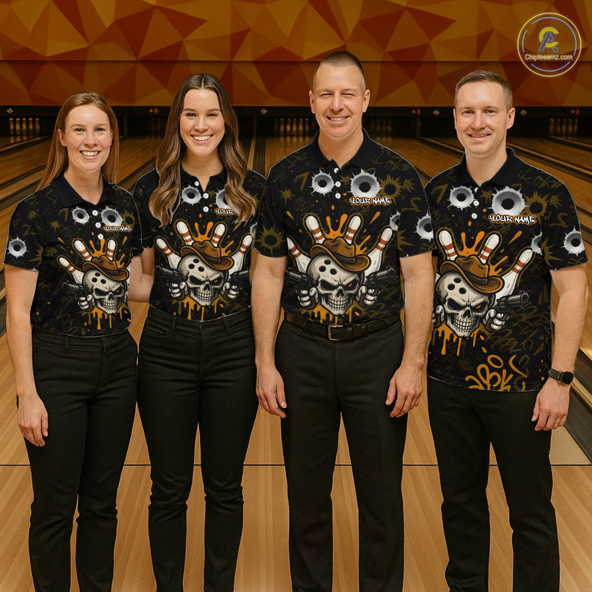 Bowling team wearing matching black and orange funny cowboy skull bowling team jerseys, front view.