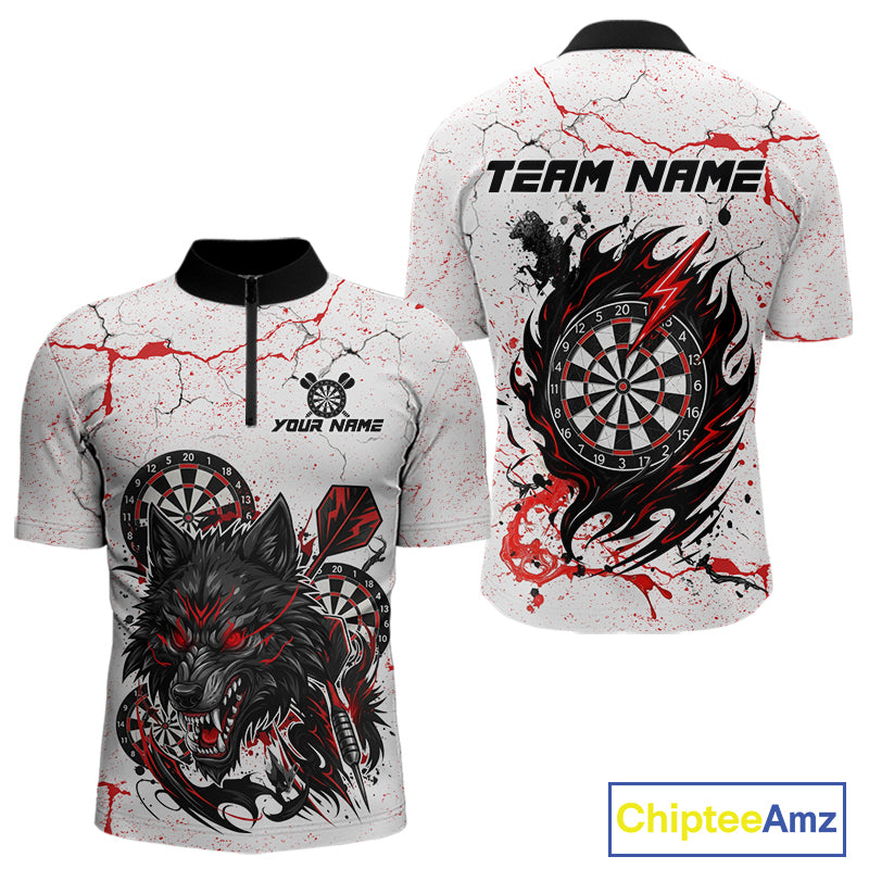 Personalized White Grunge Wolf Darts Shirt For Men Custom Darts Team Jersey Polo & 1/4 Zip| Red TDM5281
