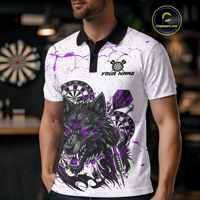 Personalized White Grunge Wolf Darts Shirt For Men Custom Darts Team Jersey Polo & 1/4 Zip|Purple TDM5282