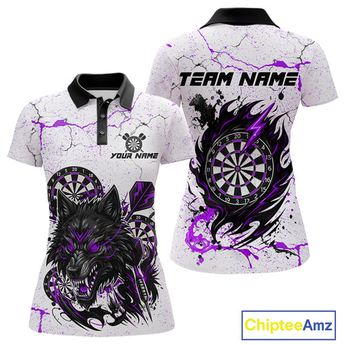 Personalized White Grunge Wolf Darts Shirt For Women Custom Darts Team Jersey Polo & 1/4 Zip|Purple TDM5282
