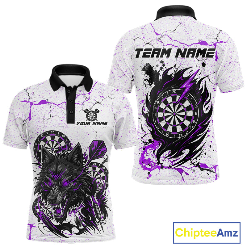 Personalized White Grunge Wolf Darts Shirt For Men Custom Darts Team Jersey Polo & 1/4 Zip|Purple TDM5282