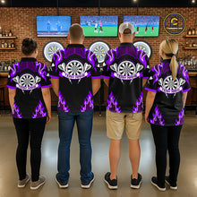 Load image into Gallery viewer, Black And Purple Flaming Darts Jersey Polo &amp; Quarter Zip Custom Darts Team Shirt For Women TDM6147