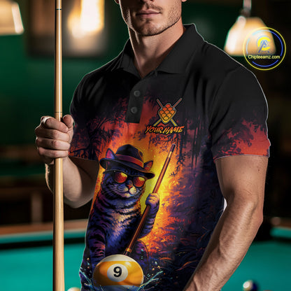 Man wearing a vintage funny cat 9 ball billiard jersey beside a pool table front view.