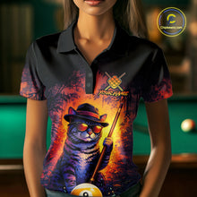 Load image into Gallery viewer, Woman wearing a vintage funny cat 9 ball billiard jersey beside a pool table front view.