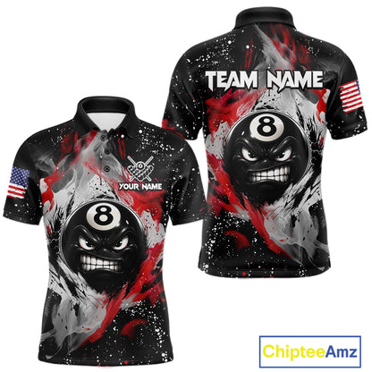 Black polo shirt with 8-ball design and custom name, featuring American