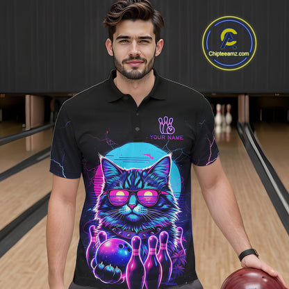 Funny Cat Retro Neon Bowling Shirt For Men Custom Bowling Team Jersey Polo & Quarter Zip TDM5817