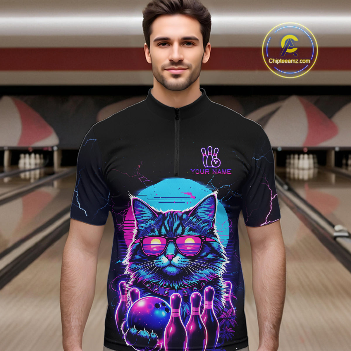 Funny Cat Retro Neon Bowling Shirt For Men Custom Bowling Team Jersey Polo & Quarter Zip TDM5817
