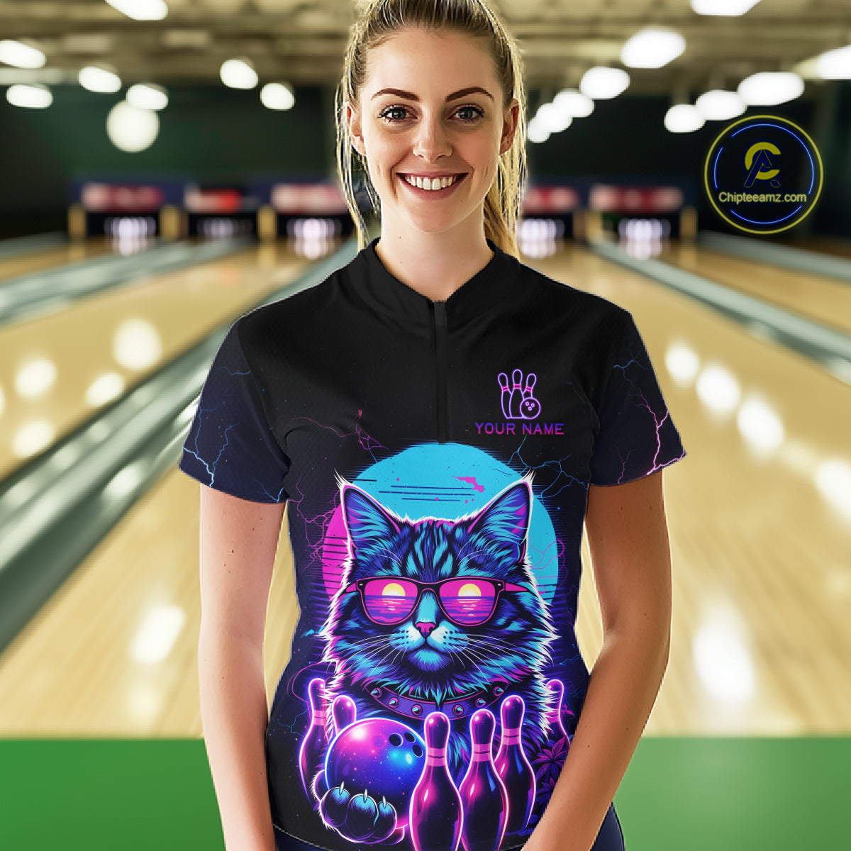 Funny Cat Retro Neon Bowling Shirt For Women Custom Bowling Team Jersey Polo & Quarter Zip TDM5817