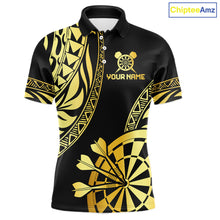 Load image into Gallery viewer, Black and gold tribal darts polo shirt for men with custom player name and team name.