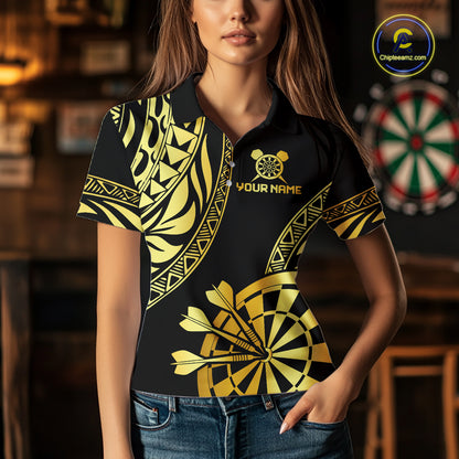 Custom Black And Gold Dartboard Tribal Darts Shirt For Women, Darts Team Jersey Polo & Quarter Zip TDM6630